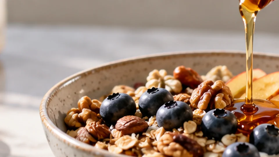Ahornsirup wird über Joghurt, Obst und Nüsse gegossen