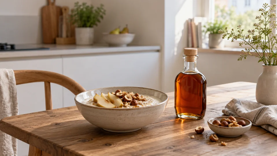 Haferbrei und Ahornsirup auf einem Frühstückstisch