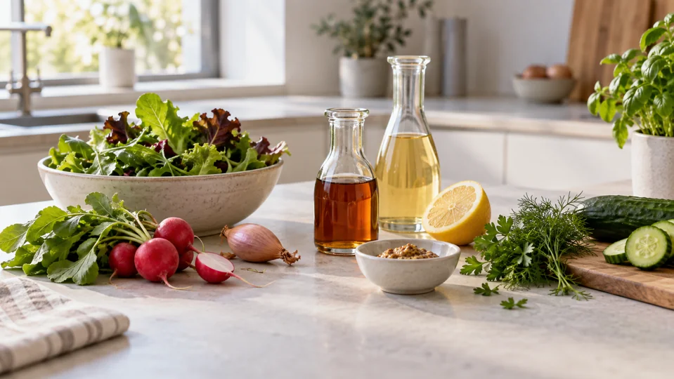 Salatzutaten, Öl und Ahornsirup für ein Dressing
